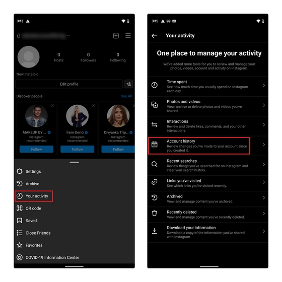 instagram ఖాతా చరిత్ర